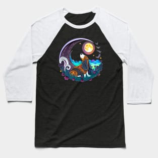 Basset Hound Dog in Space Crescent Moon Planets Stars Cute Baseball T-Shirt